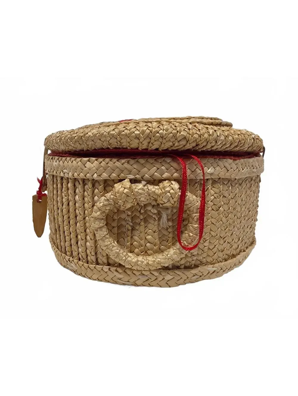 Vintage Chinese Raffia Sewing Basket Floral Lid Red Lined With Buttons
